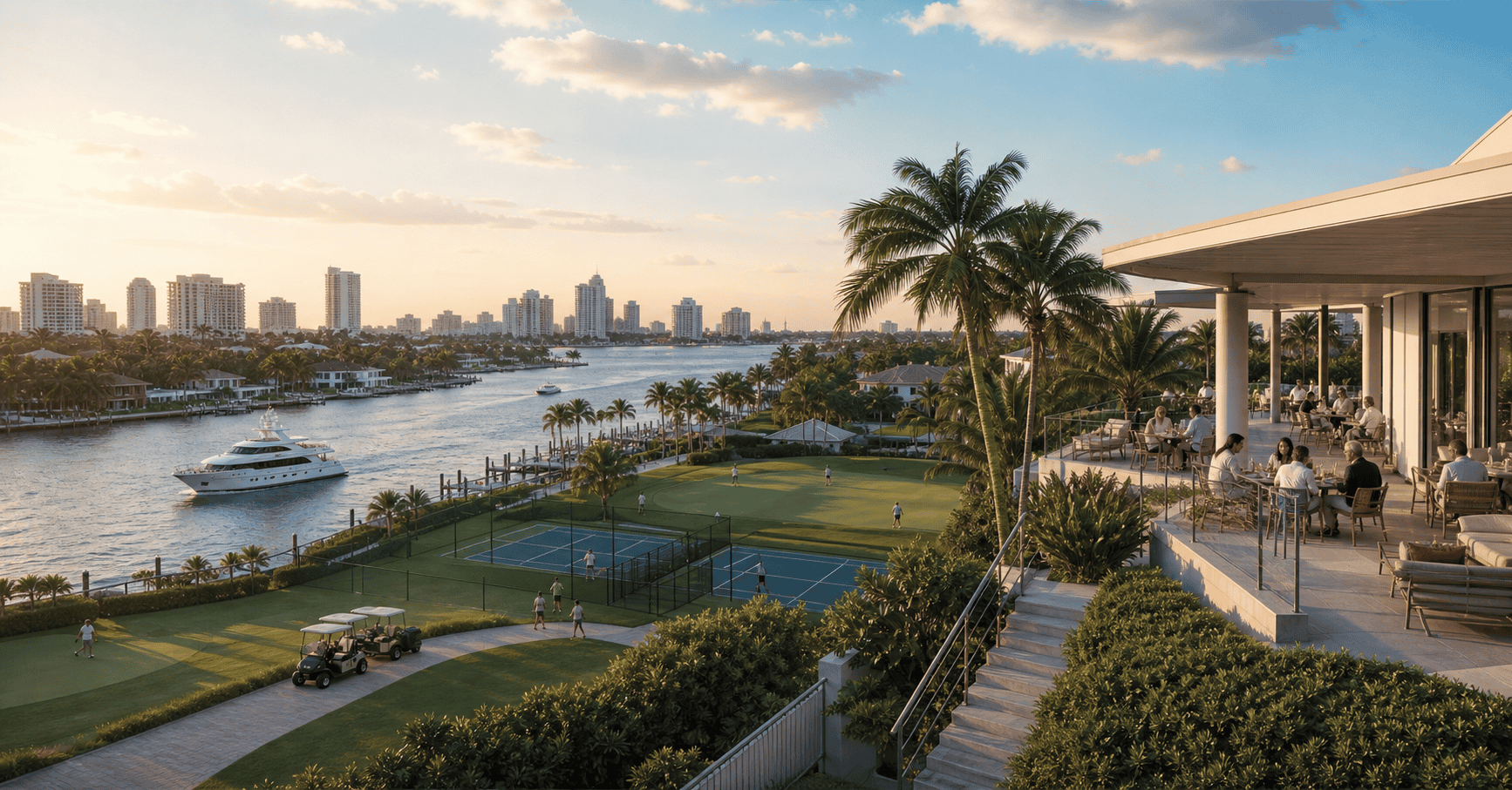 Fort Lauderdale waterfront private club with yacht, golf, tennis and outdoor dining